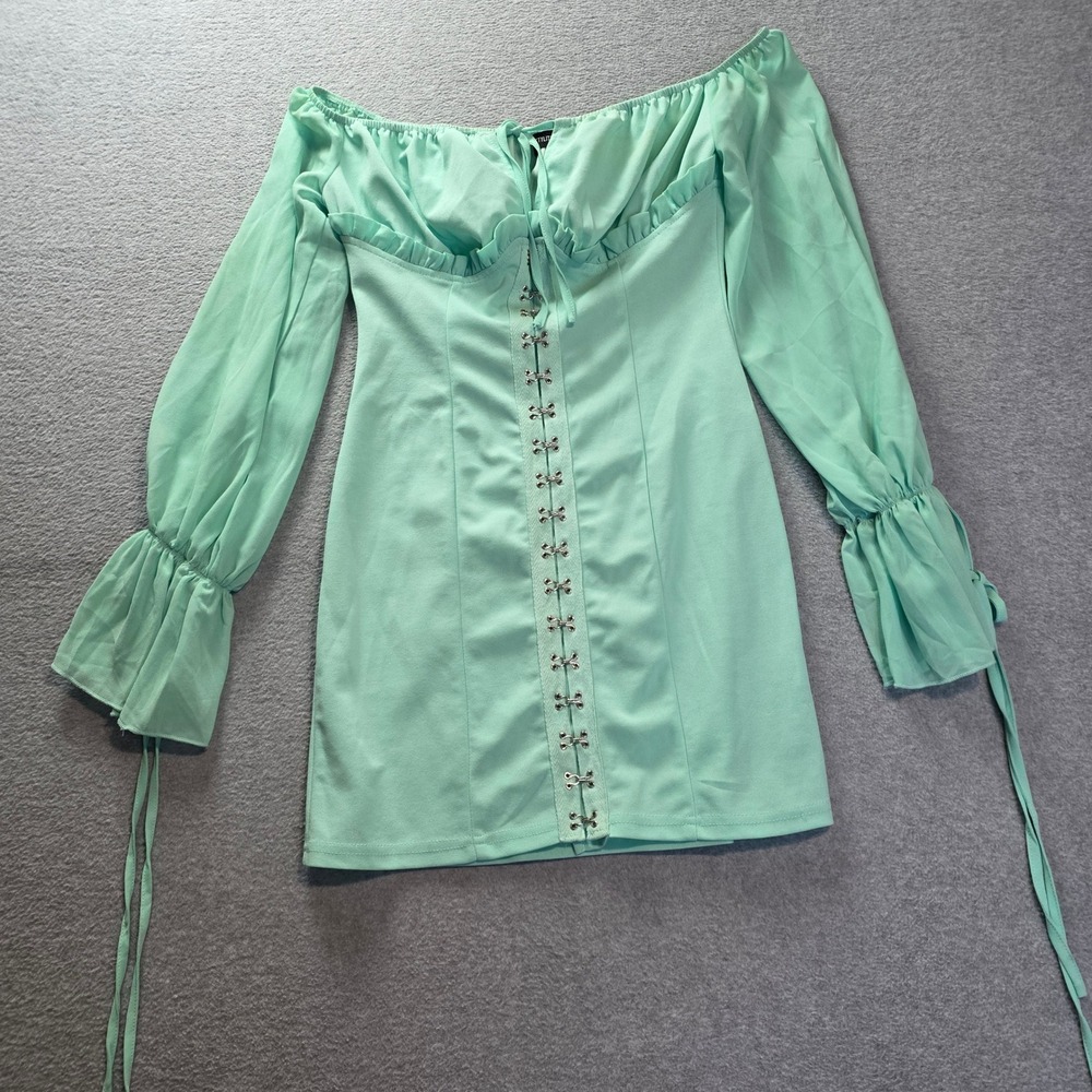 PrettyLittleThing Off Shoulder Corset Mini Dress Womens US 4 Mint Green Hook Eye